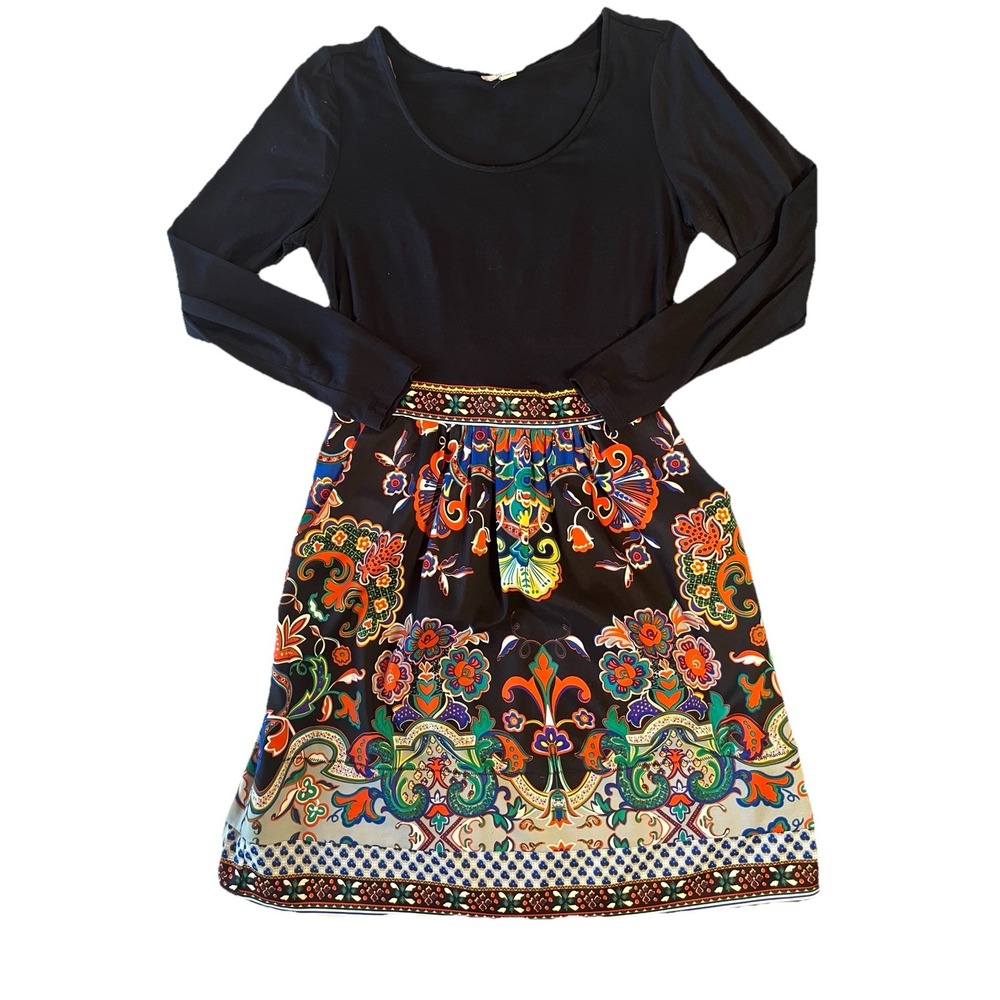 ECI New York Black & Colorful Floral Dress Medium With Pockets  Fiesta Boho Fall
